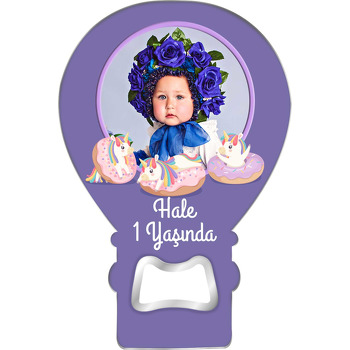 Donut ile Unicorn Mor Fon Temalı Balon Ahşap Magnet 