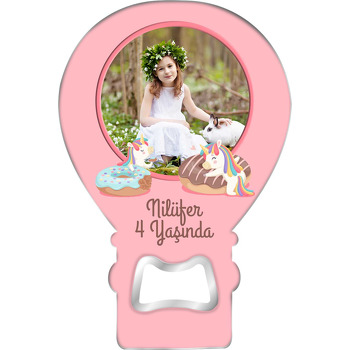 Donut ile Unicorn Pembe Fon Temalı Balon Ahşap Magnet 