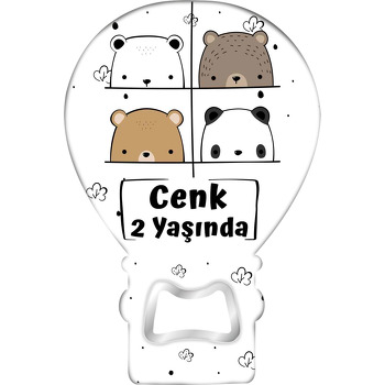 Dörtlü Ayı Portresi Temalı Balon Ahşap Magnet 