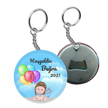 Erkek Bebek ile Renkli Balonlar Temalı Arkası Açacak Anahtarlık