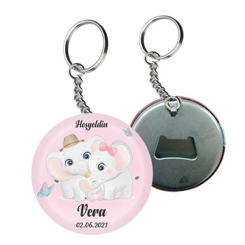 Fil Ailesi Pembe Fon Temalı Arkası Açacak Anahtarlık