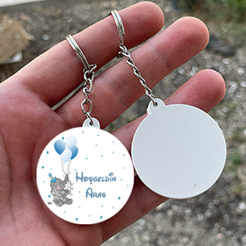 Fil ve Balonlu Hoşgeldin Bebek Temalı Daire Plastik Anahtarlık