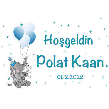 Fil ve Balonlu Hoşgeldin Bebek Temalı Doğum Günü Afiş