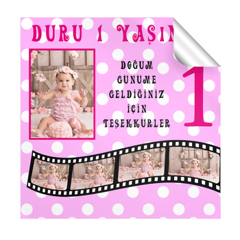 Film Şeridi ve Pembe Puantiye Temalı Kare Etiket