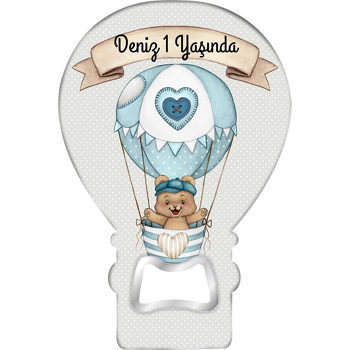 Flamalı Mavi Uçan Balonda Ayıcık Temalı Balon Ahşap Magnet 