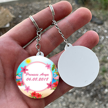 Flamingo Pembe Çiçekli Temalı Daire Plastik Anahtarlık