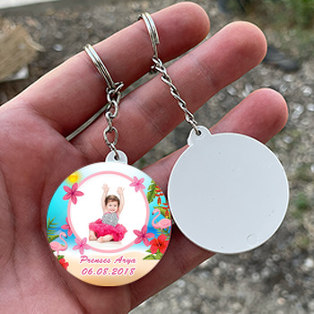 Flamingo Pembe Çiçekli Temalı Resimli Daire Plastik Anahtarlık