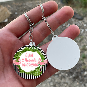 Flamingo Siyah Beyaz  Temalı Daire Plastik Anahtarlık