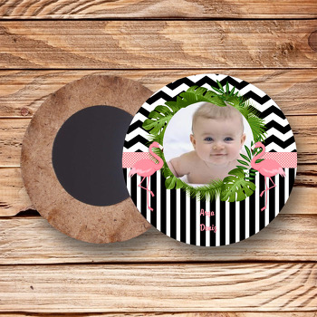 Flamingo Siyah Beyaz  Temalı Resimli Ahşap Daire Magnet
