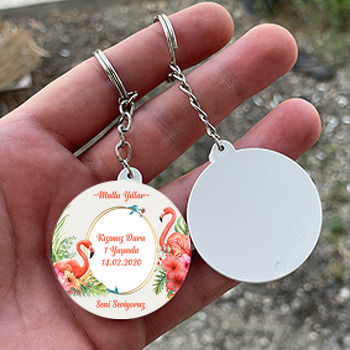 Flamingo Temalı Daire Plastik Anahtarlık