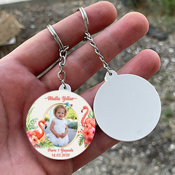 Flamingo Temalı Resimli Daire Plastik Anahtarlık