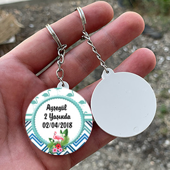 Flamingo ve Çiçek Temalı Daire Plastik Anahtarlık