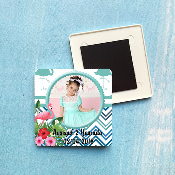 Flamingo ve Çiçek Temalı Kare Plastik Kare Magnet