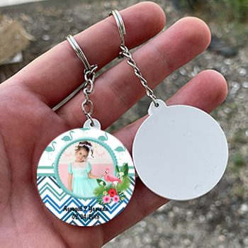 Flamingo ve Çiçek Temalı Resimli Daire Plastik Anahtarlık