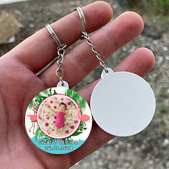 Flamingo Yeşil Temalı Resimli Daire Plastik Anahtarlık