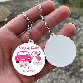 Fuşya Pembe Gelin Arabası Temalı Daire Plastik Anahtarlık