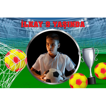 Futbolcu Kupa ile Sarı Kırmızı Top Temalı Plastik Doğum Günü Magnet