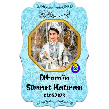 Geleneksel Mavi Desenli Fonda Gold Beşgen Çerçeve ile Sünnet Temalı Özel Kesim Magnet
