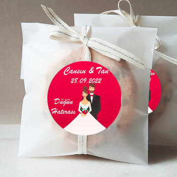Gelin Damat ile Kırmızı Fonda Buket Temalı Sticker