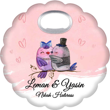 Gelin Damat Kuşlar ile Pembe Fon Temalı Çiçek Şekilli Magnet Açacak