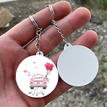 Gelin Damat Pembe Arabalı Temalı Söz Nişan Nikah Daire Plastik Anahtarlık