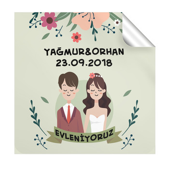 Gelin damat ve  Çiçek Desenli Nikah Temalı Kare Etiket