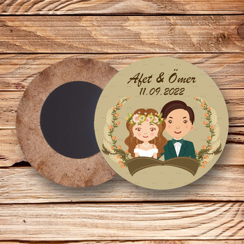Gelin ile Damat Kahverengi Flama Temalı Daire Ahşap Magnet