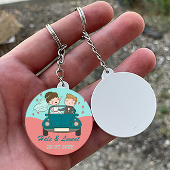 Gelin ile Damat Yeşil Vosvos Temalı Daire Plastik Anahtarlık