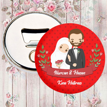 Gelin ve Damat Kırmızı Puantiyeli Fon Temalı Magnet Açacak