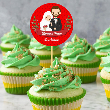 Gelin ve Damat Kırmızı Puantiyeli Fon Temalı Parti Kürdan Süs