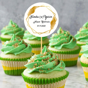 Geometrik Altın Çerçeve ve Kuş Tüyü Temalı Parti Kürdan Süs