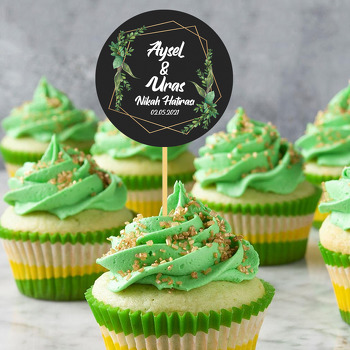 Geometrik Gold Çerçeve ile Yeşil Yapraklar Antrasit Fon Temalı Parti Kürdan Süs