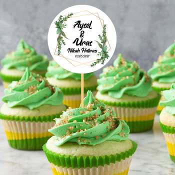 Geometrik Gold Çerçeve ile Yeşil Yapraklar Beyaz Fon Temalı Parti Kürdan Süs