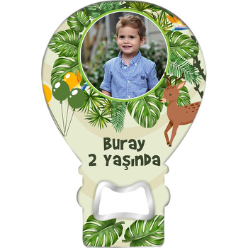 Geyik ile Tropikal Yapraklar Temalı Balon Ahşap Magnet 