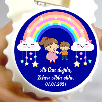 Gökkuşağı Altında Abla Kardeş ile Lacivert Fon Temalı Hoşgeldin Bebek  Kapak Açacak