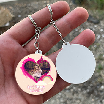 Gökkuşağı ve Kalp Temalı Resimli Daire Plastik Anahtarlık