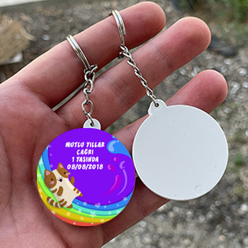 Gökkuşağı Ve Kedi Temalı Daire Plastik Anahtarlık