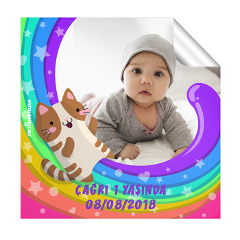 Gökkuşağı Ve Kedi Temalı Doğum Günü Kare Etiket