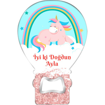 Gökkuşağı ve Unicorn Bulutlar ile Pembe Sim Temalı Balon Ahşap Magnet 