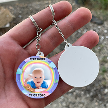 Gökkuşağı Ve Uyuyan Ayıcık Temalı Resimli Daire Plastik Anahtarlık