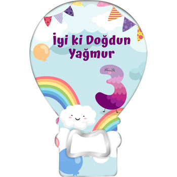 Gökkuşağında Üç Rakamı ile Bulut Temalı Balon Ahşap Magnet 