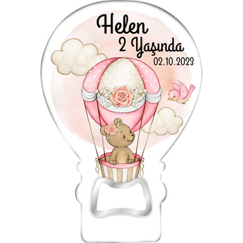 Gökyüzünde Pembe Balonda Ayıcık ile Kuş Temalı Balon Ahşap Magnet 