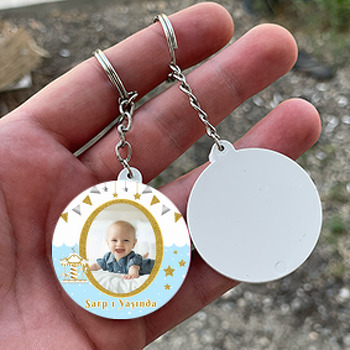 Gold Atlı Karınca ile Soft Mavi Fon Temalı Daire Plastik Doğum Günü Anahtarlık