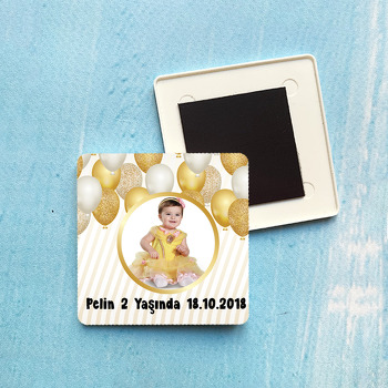 Gold Balon Temalı Doğum Günü Plastik Kare Magnet