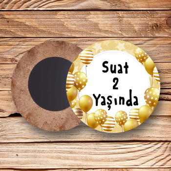 Gold Balonlar ile Yıldızlı Fon Temalı Daire Ahşap Magnet