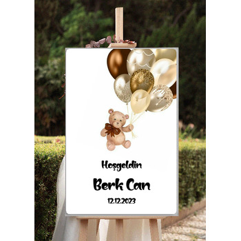 Gold Balonlu Ayıcık Temalı Dekota Karşılama Panosu