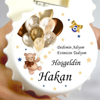 Gold Balonlu Ayıcık Yıldız Fon Temalı Kapak Şekilli Magnet Açacak