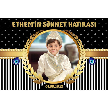 Gold Başak Dalı Çerçeve ile Siyah Beyaz Armalı Çizgili Fon Temalı Sünnet Magnet