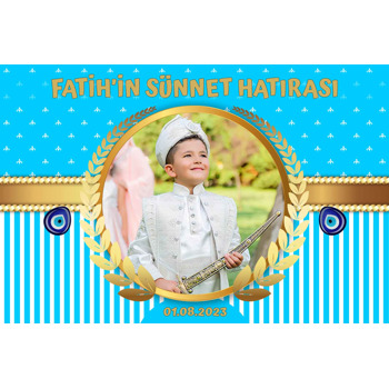 Gold Başak Dalı Çerçeve ile Turkuaz Beyaz Armalı Çizgili Fon Temalı Plastik Sünnet Magnet