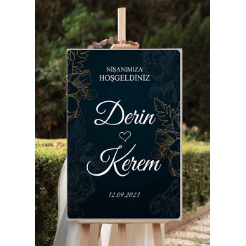 Gold Beyaz Çizgisel Yapraklar Siyah Fon Temalı Söz Nişan Nikah Dekota Karşılama Panosu